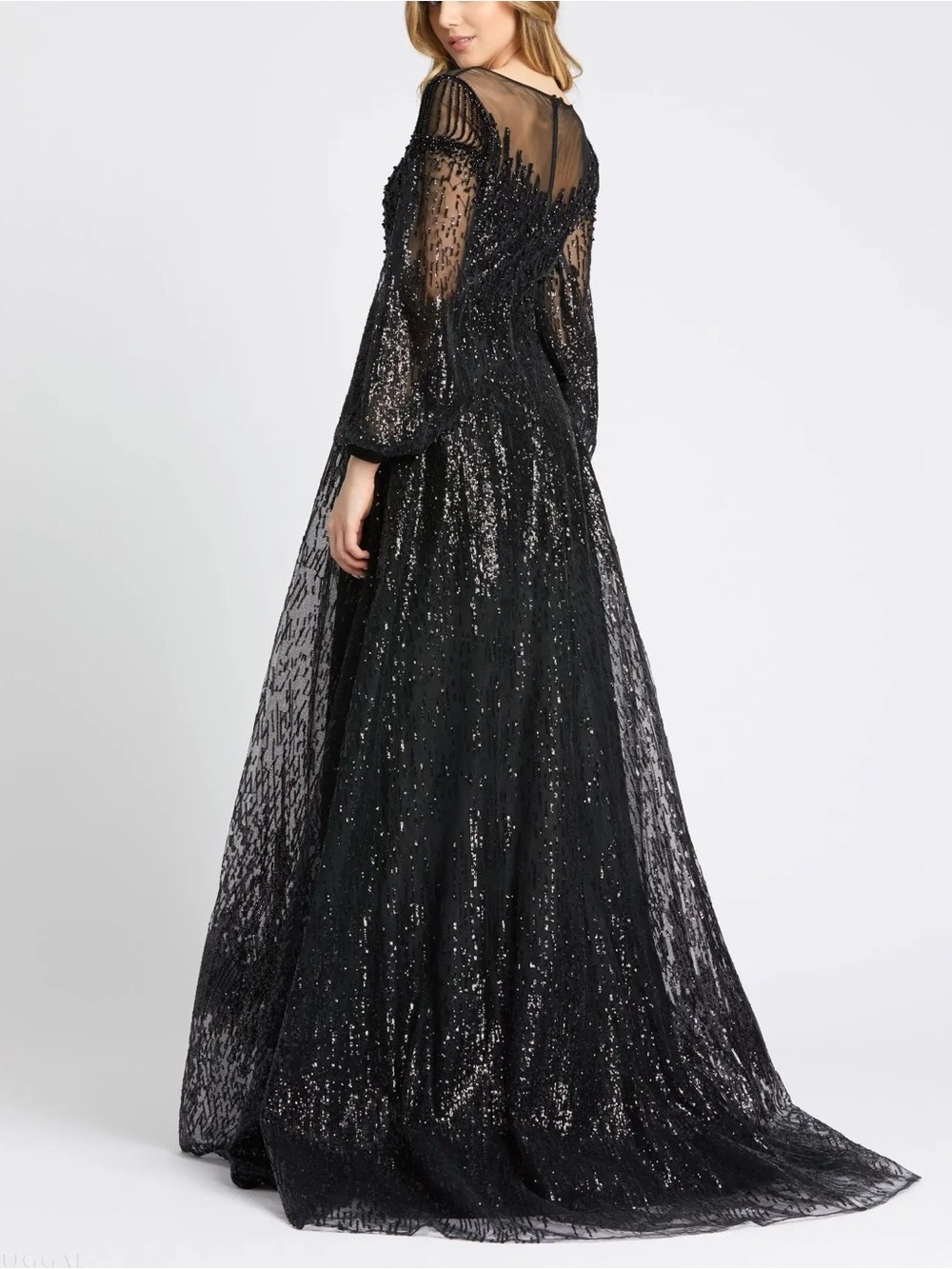 Mac Duggal Black Jewel Encrusted Illusion Long Sleeve A-line Gown Size 14 NWT - Picture 3 of 16